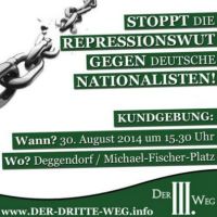 Ankündigungsgrafik für eine Kundgebung der Partei Der Dritte Weg mit dem Schriftzug "Stoppt die Repressionswut gegen Deutsche Nationalisten". Ankündigungsgrafik für eine Kundgebung der Partei Der Dritte Weg mit dem Schriftzug "Stoppt die Repressionswut gegen Deutsche Nationalisten".
