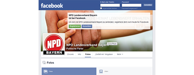 Das Bild zeigt einen Screenshot der Facebookseite-Seite der NPD. Das Bild zeigt einen Screenshot der Facebookseite-Seite der NPD.